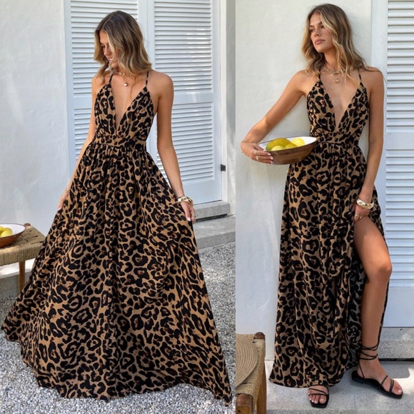 Backless Cheetah Maxi Dress Criss Cross V-Neck - Picture 2 of 16